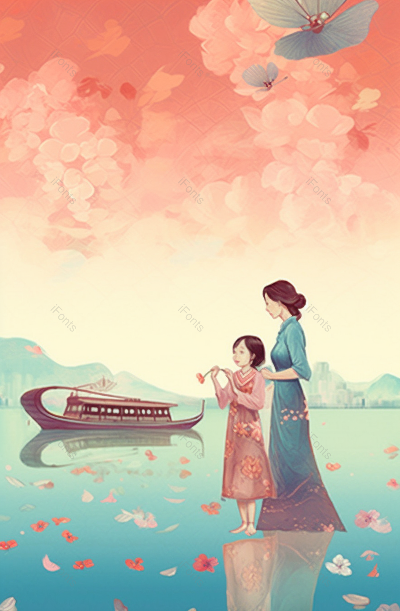海边漫步水彩母亲节海报背景图,插画/手绘图,插画/手绘图库,插画/手绘图下载,插画/手绘